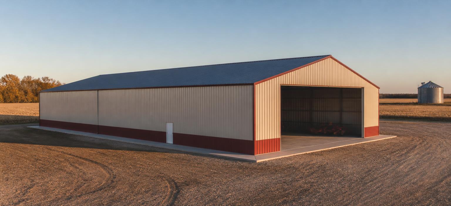 Illustrative steel building configuration showing a long light grey agricultural machine shed with red wainscot and one very wide open equipment opening on a packed-earth farmyard.