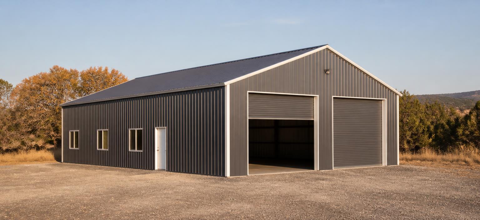 Illustrative steel building configuration showing a wide graphite steel workshop with white trim, two tall shop doors with one open to a dark interior, one personnel door, sidewall windows and a graphite ribbed gable roof on a gravel pad.