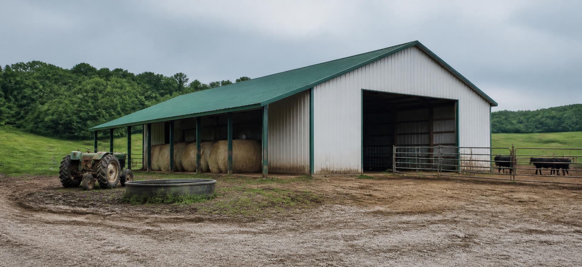 Concept photograph of a 50 by 100 foot white steel livestock and hay barn with a green roof, open lean-to holding round bales and pipe corral fencing; example configuration, not a real project.