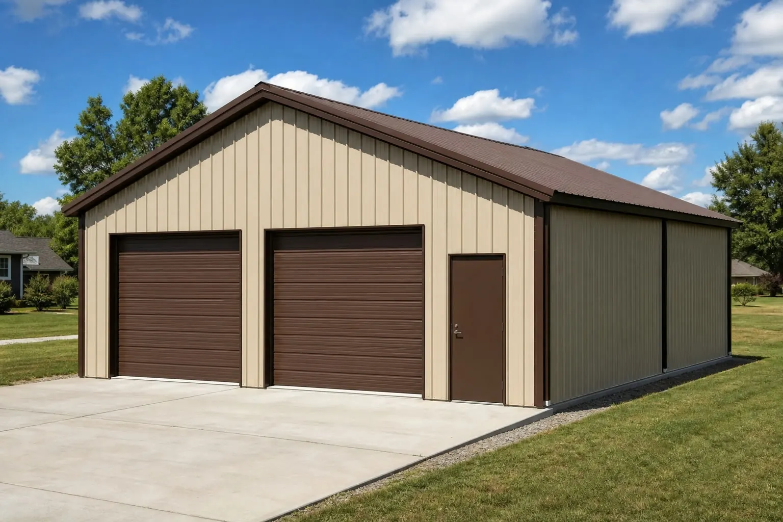 Concept visualization of a two-car steel garage at a representative 25 by 35 foot size; not a real project.