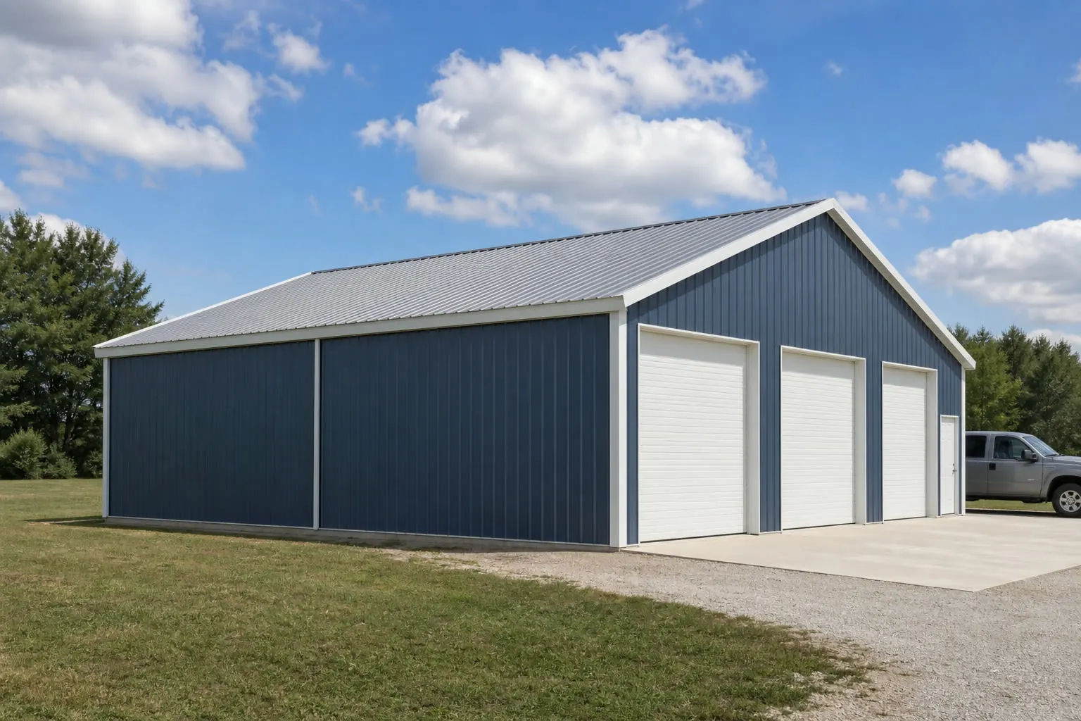 Concept visualization of a three-car steel garage at a representative 30 by 40 foot size; not a real project.