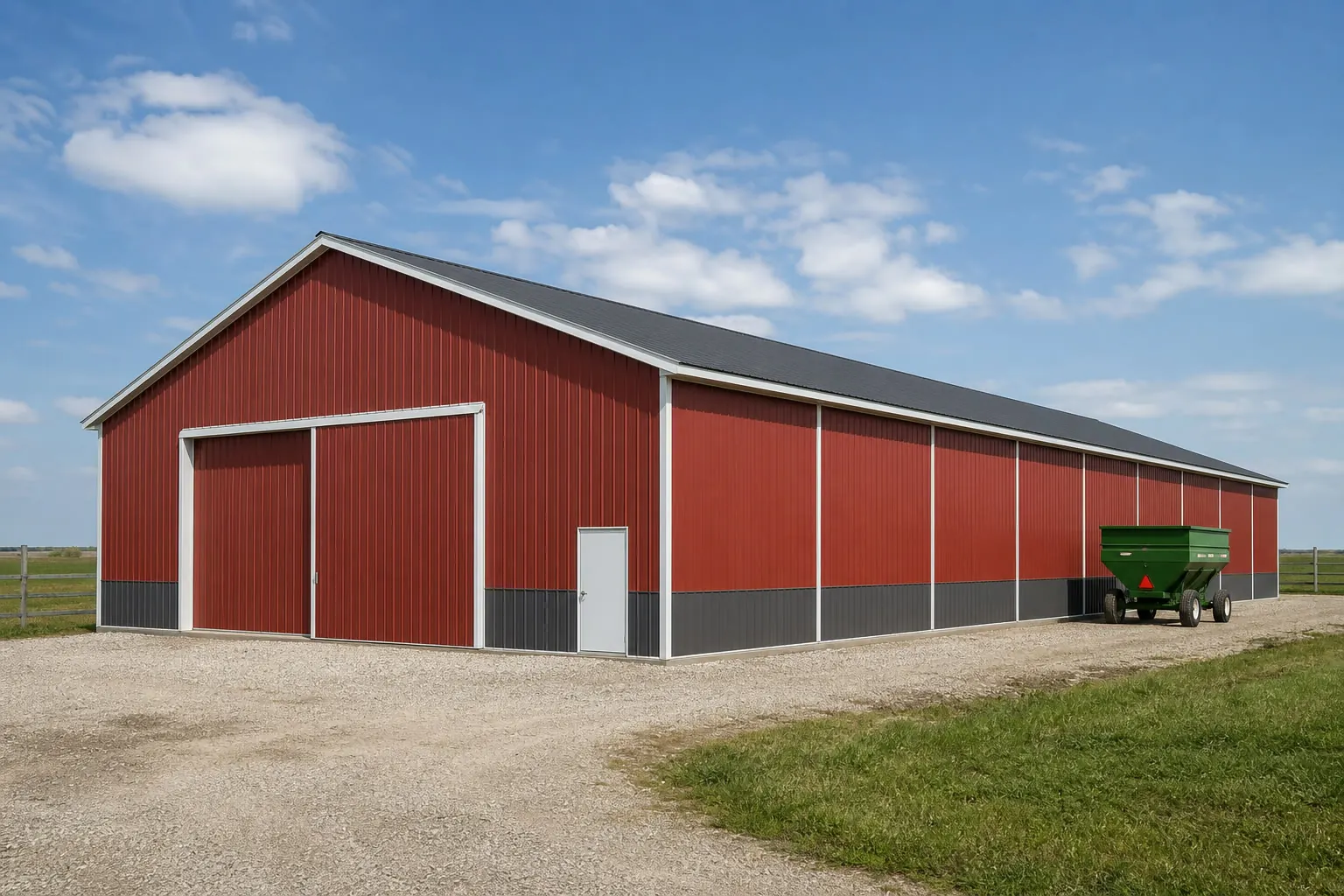 Concept visualization of a agricultural steel building at a representative 70 by 130 foot size; not a real project.