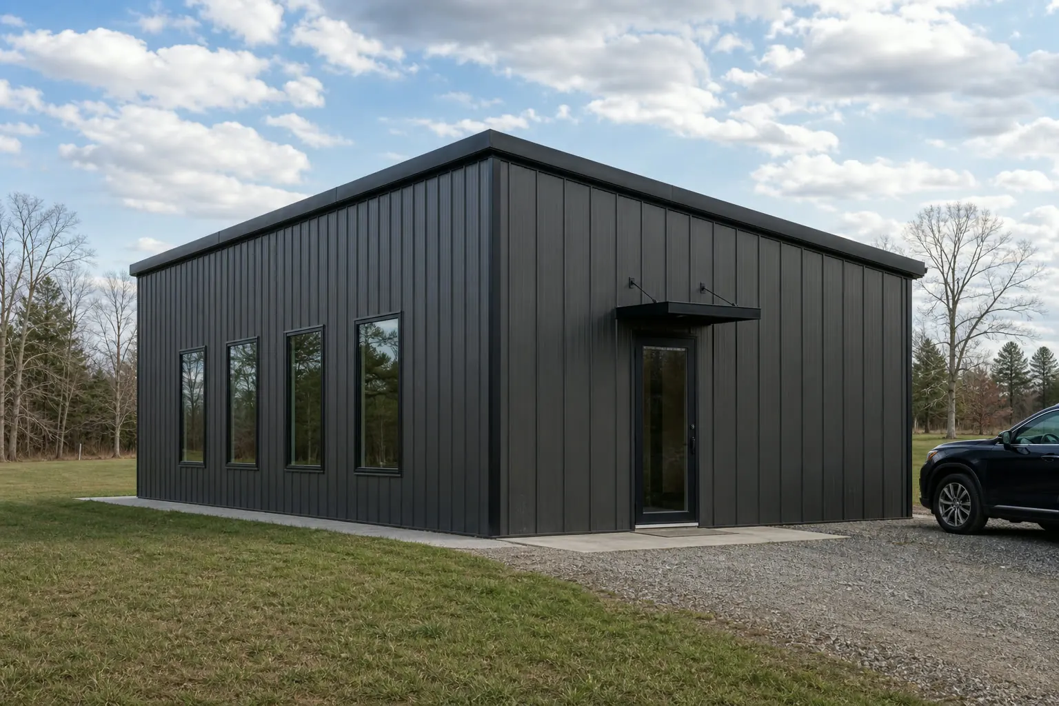 Concept visualization of a steel art studio at a representative 30 by 40 foot size; not a real project.