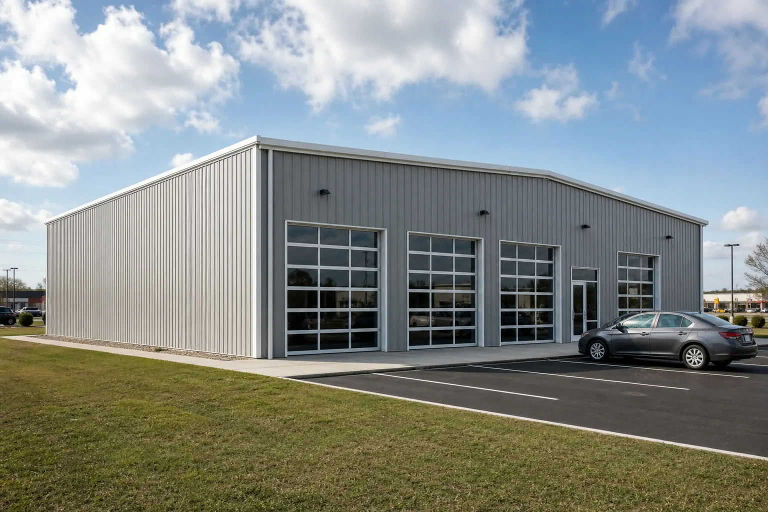 Concept visualization of a auto repair shop building at a representative 60 by 85 foot size; not a real project.
