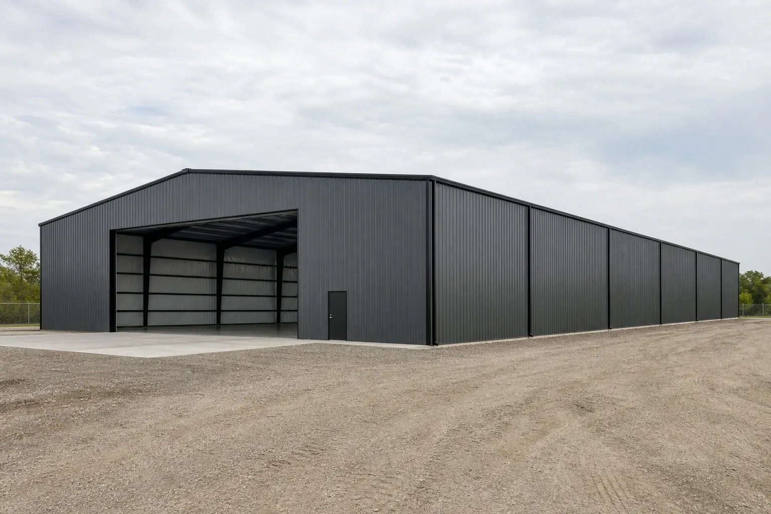 Example configuration of a steel building on a prepared site
