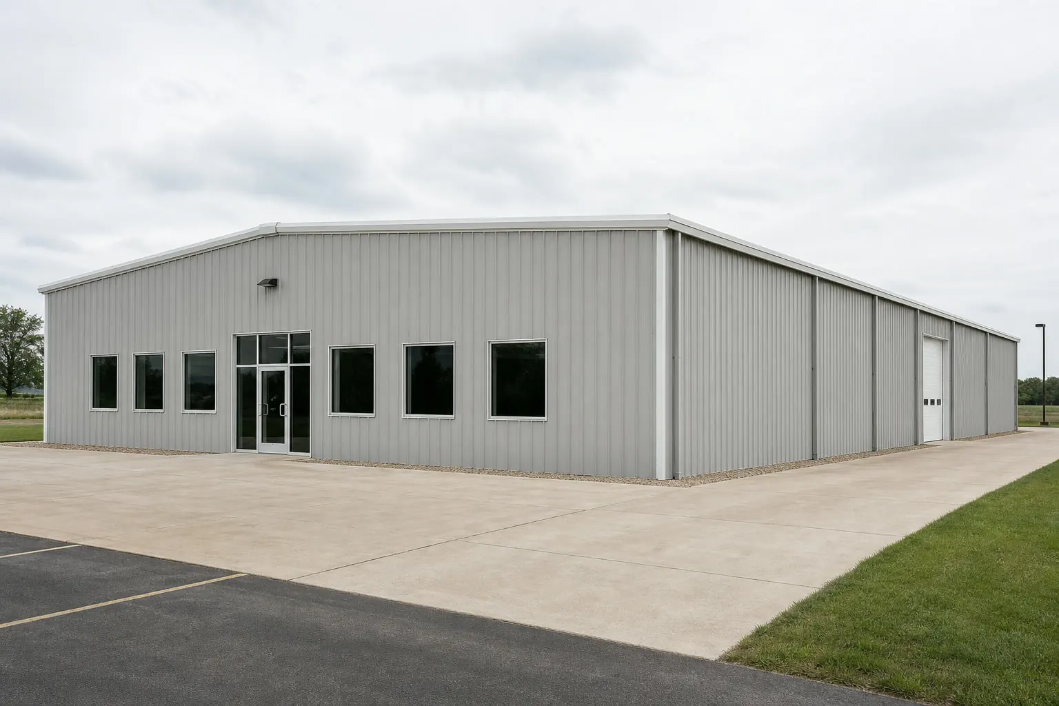 Concept visualization of a commercial steel building at a representative 70 by 130 foot size; not a real project.