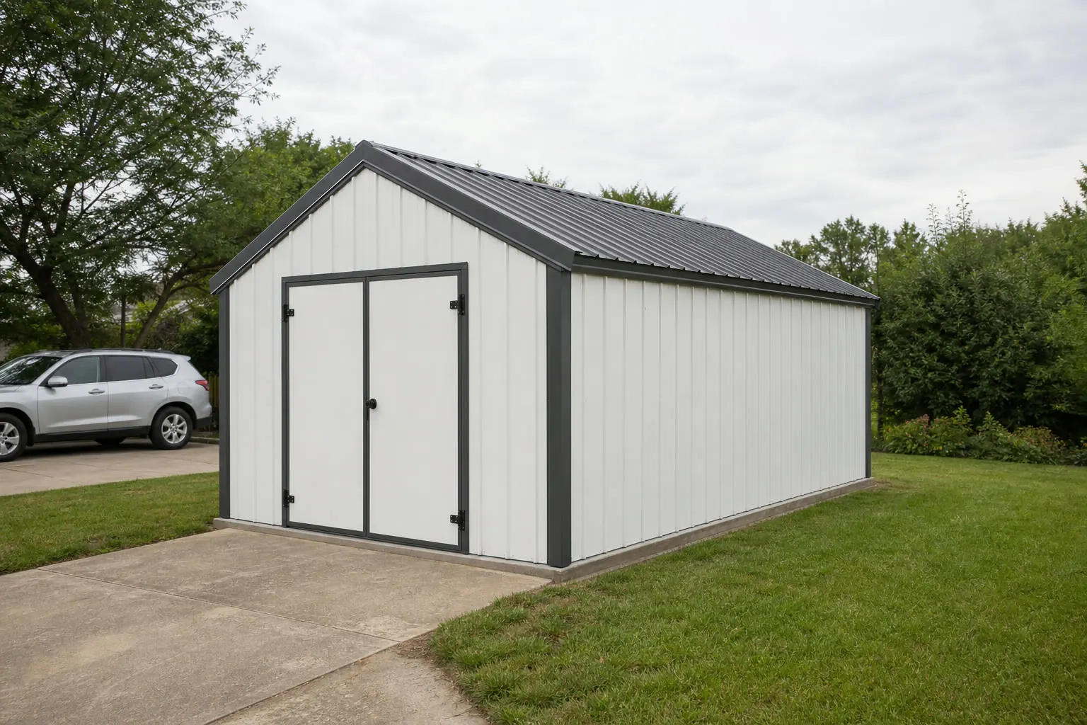 Concept visualization of a steel garden shed at a representative 10 by 15 foot size; not a real project.