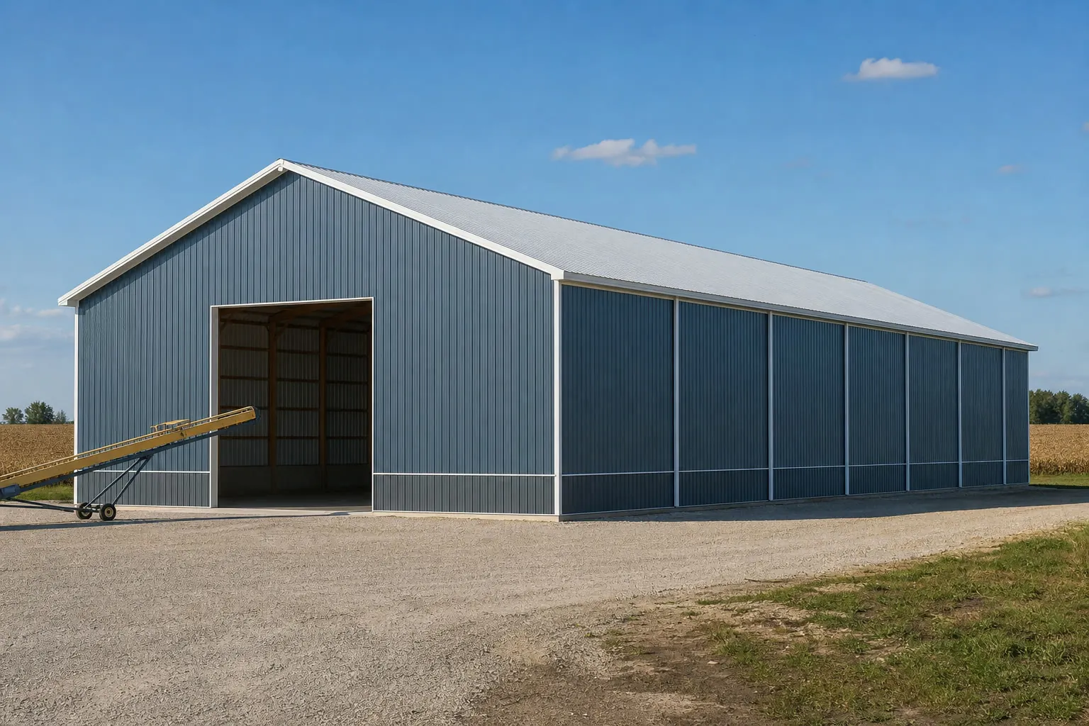 Concept visualization of a grain and commodity storage building at a representative 70 by 105 foot size; not a real project.