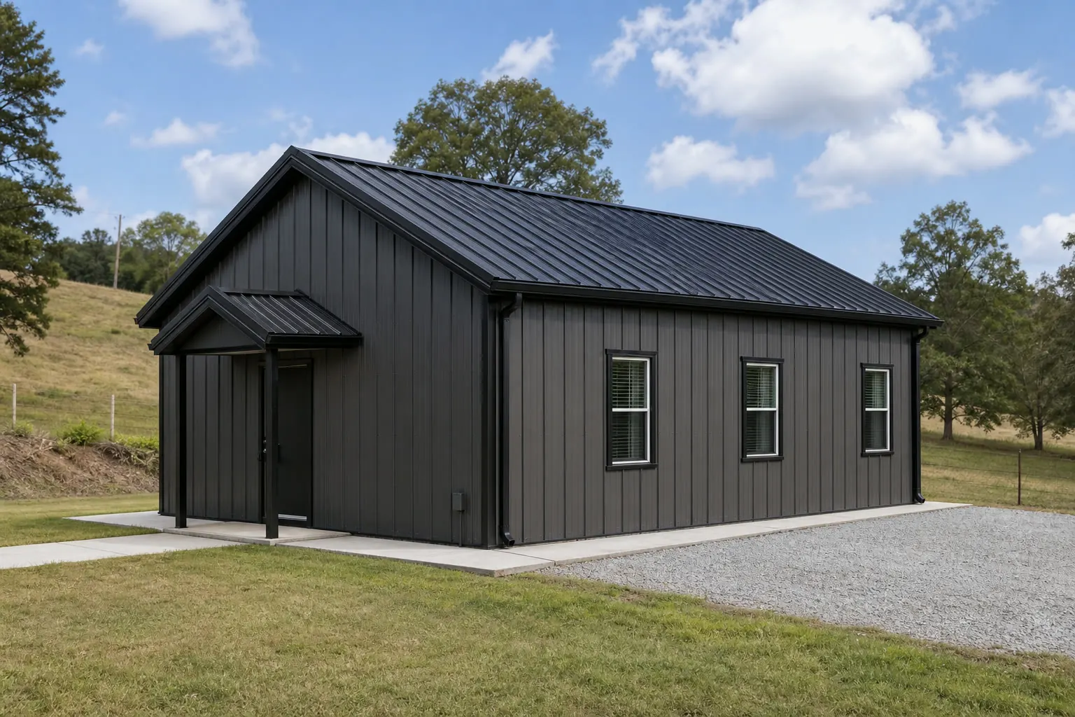 Concept visualization of a steel guest house at a representative 25 by 35 foot size; not a real project.