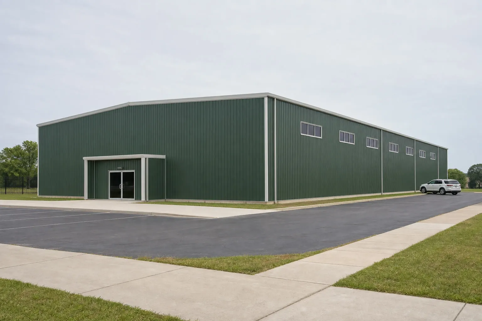 Concept visualization of a steel gymnasium at a representative 90 by 150 foot size; not a real project.