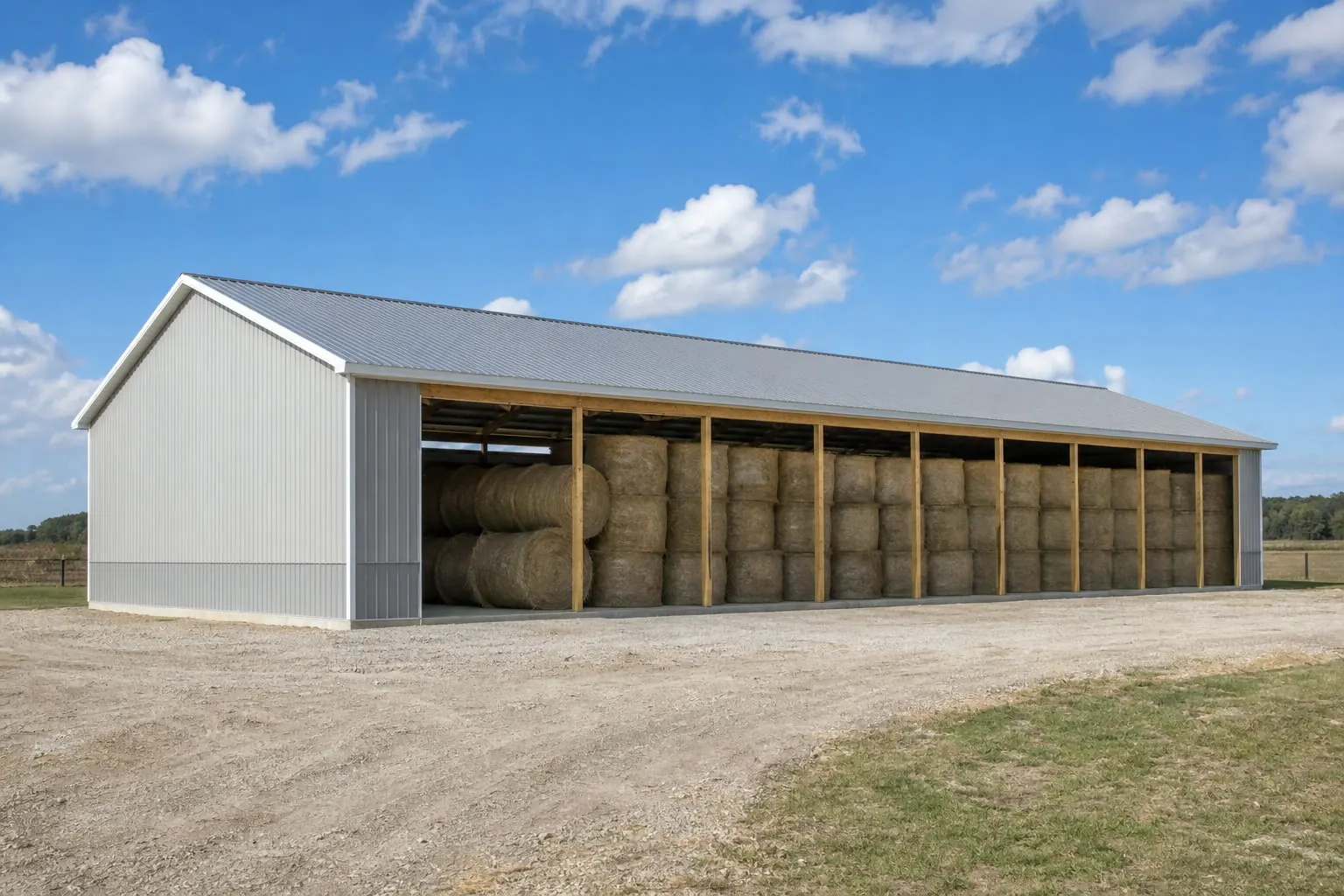 Example configuration of an open-sided agricultural storage building