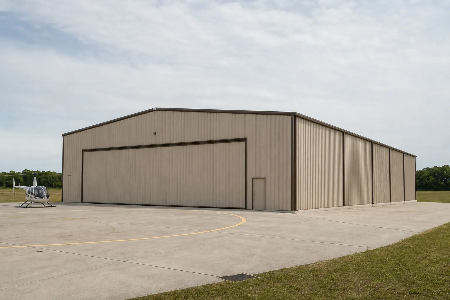 Concept visualization of a helicopter hangar at a representative 75 by 100 foot size; not a real project.