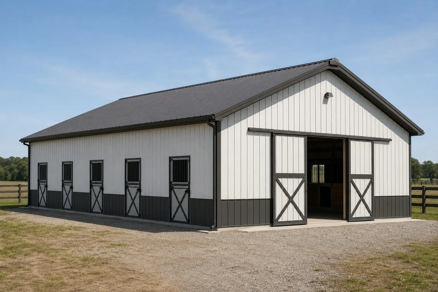 Example configuration of a horse barn on Bluegrass pastureland