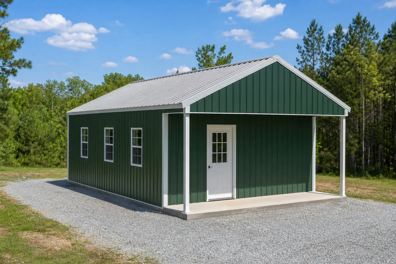 Concept visualization of a steel cabin at a representative 25 by 35 foot size; not a real project.