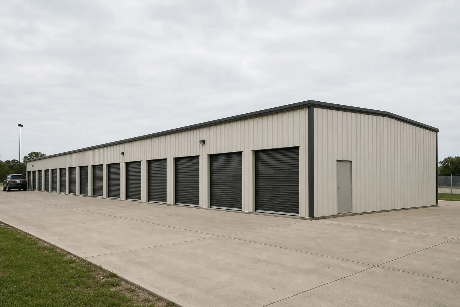 Concept visualization of a mini-storage building at a representative 30 by 130 foot size; not a real project.