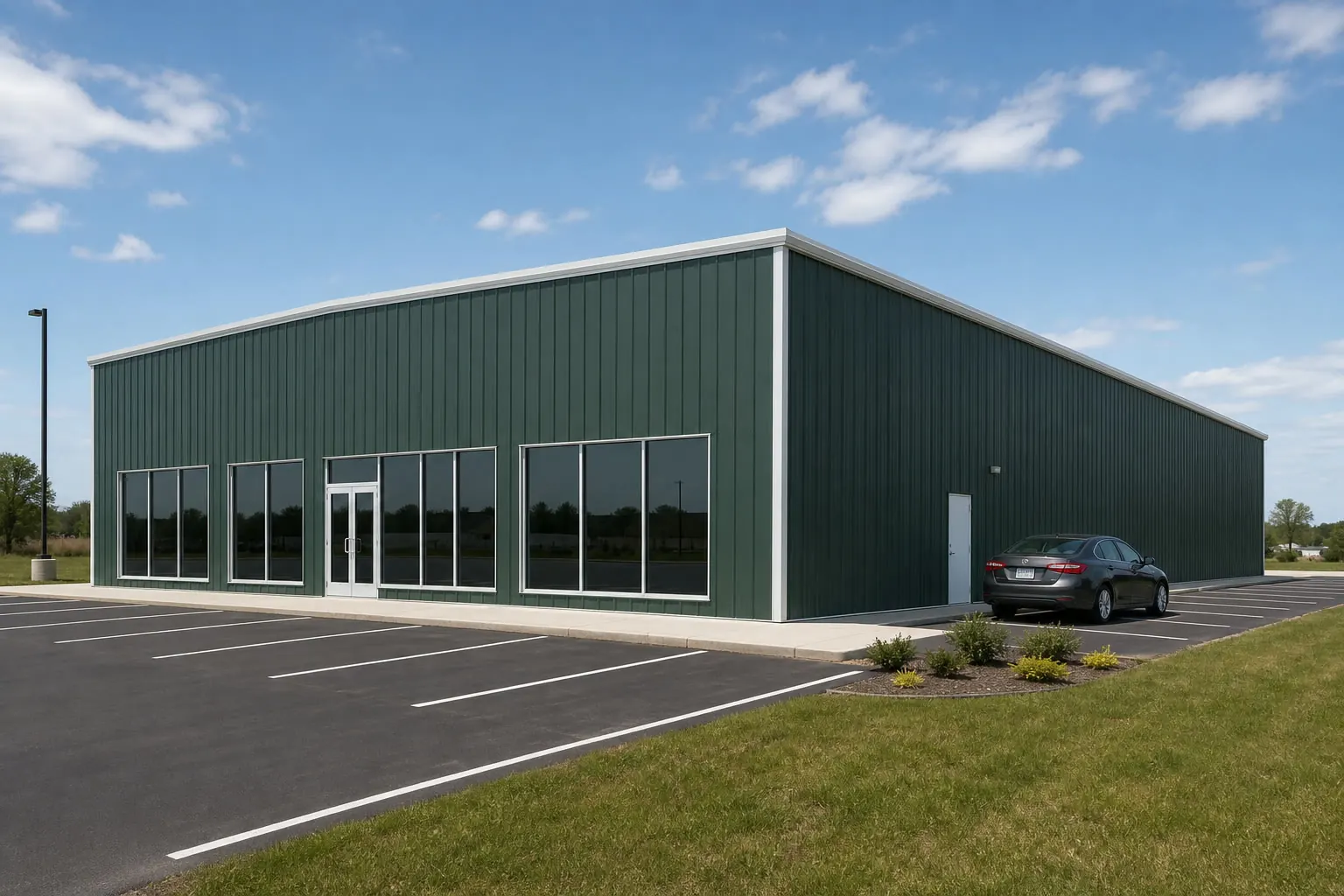 Concept visualization of a steel retail building at a representative 60 by 105 foot size; not a real project.