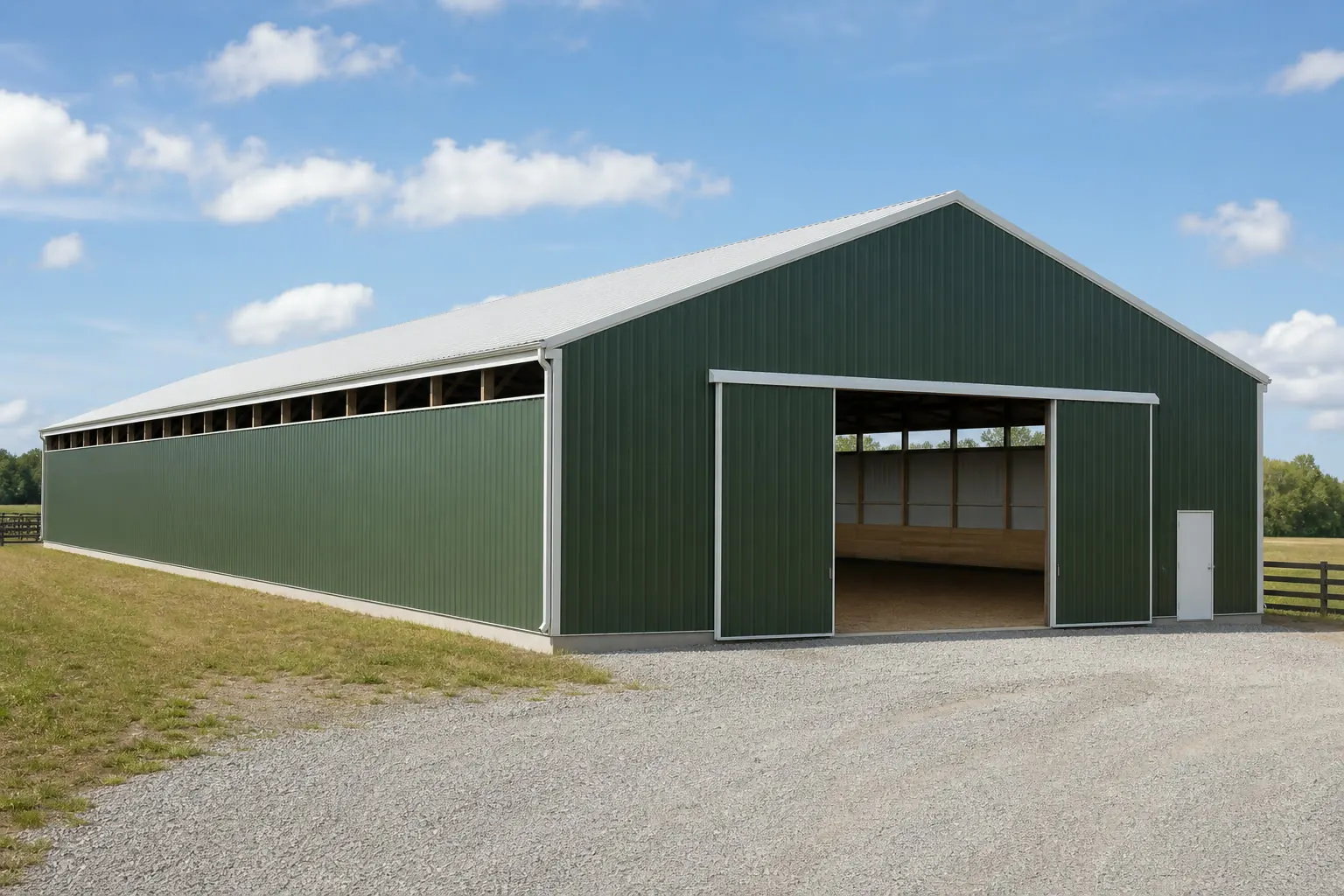 Concept visualization of a covered riding arena at a representative 90 by 185 foot size; not a real project.