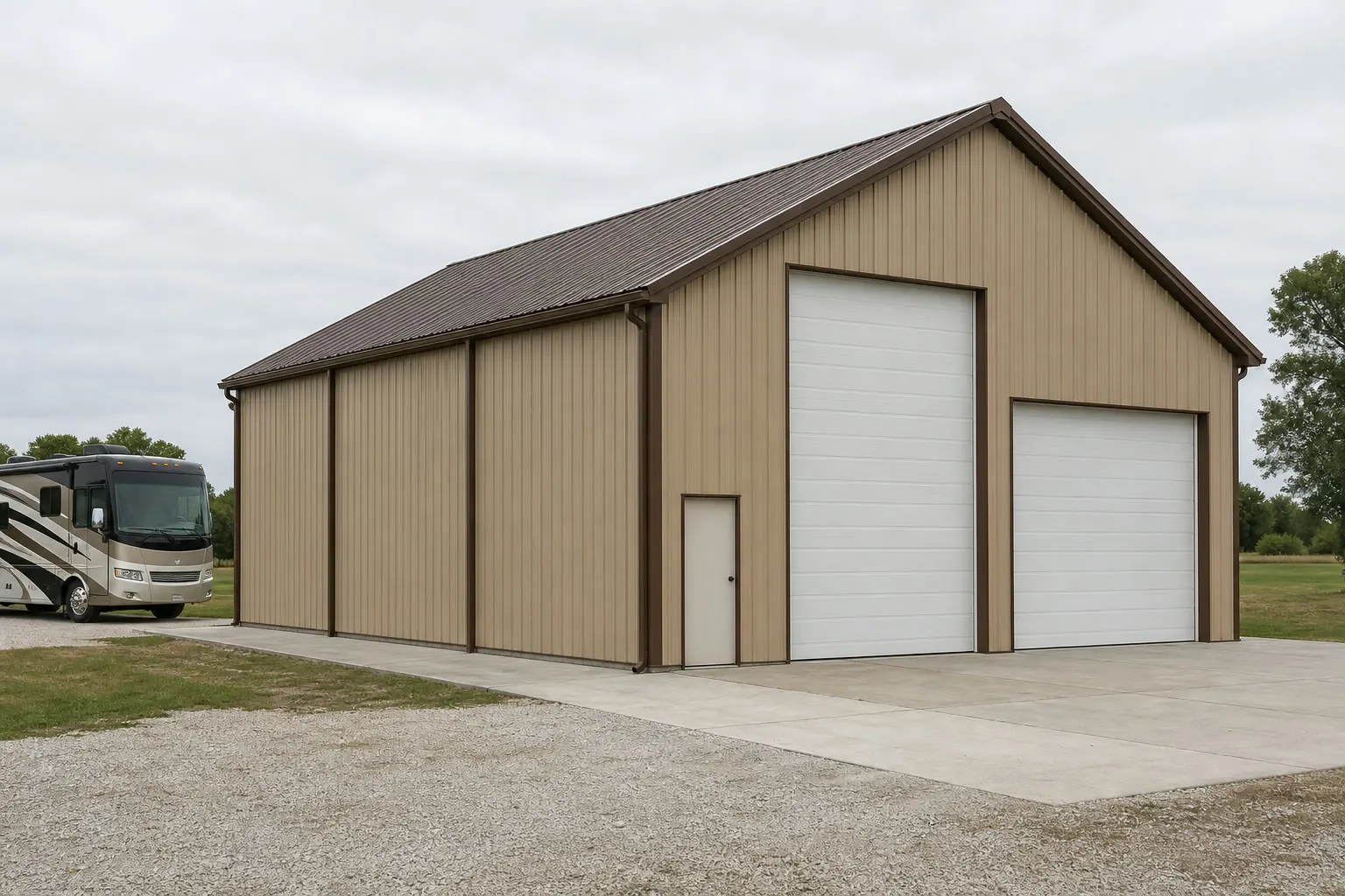 Concept visualization of a enclosed RV garage at a representative 30 by 50 foot size; not a real project.