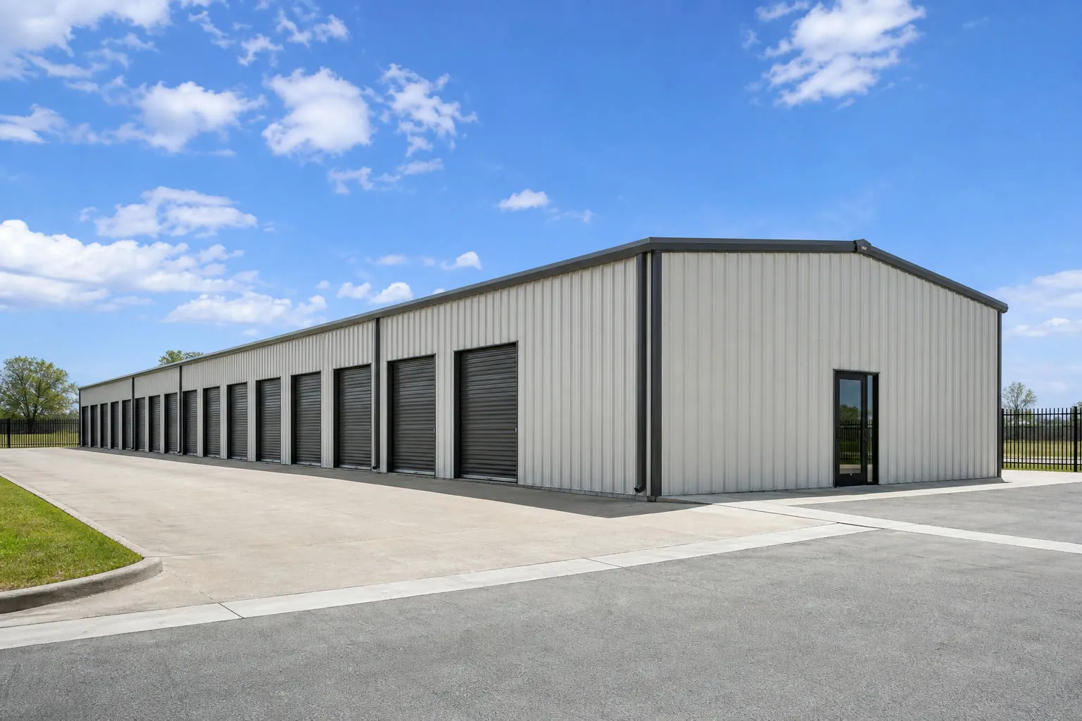 Concept visualization of a self-storage building at a representative 45 by 200 foot size; not a real project.