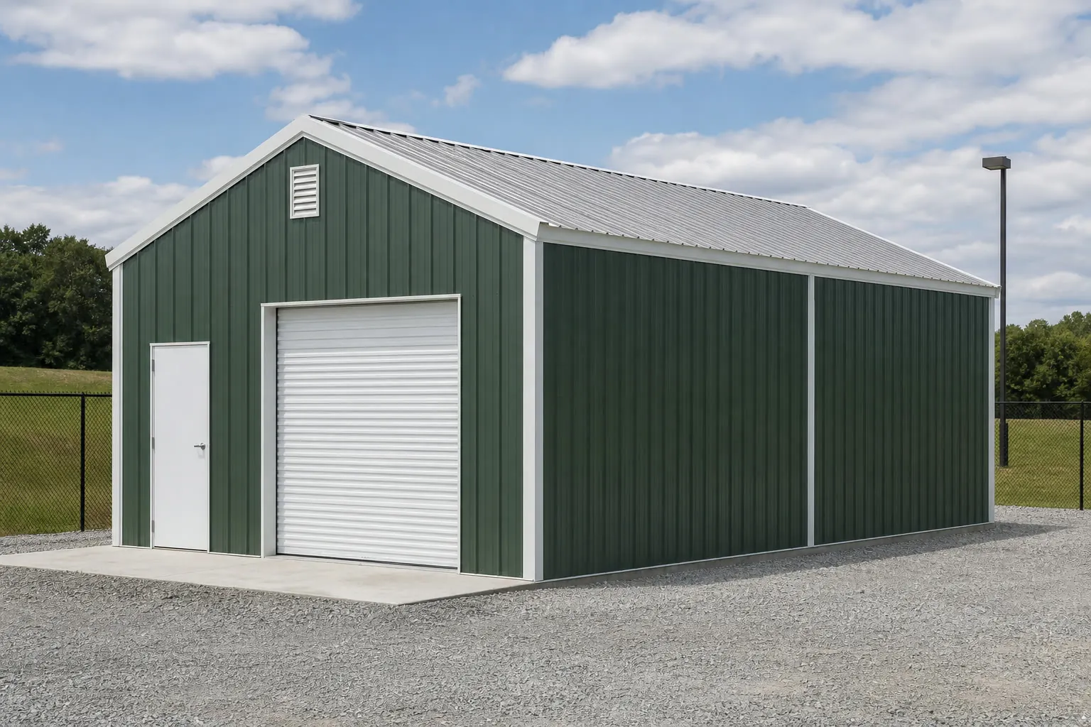 Concept visualization of a steel utility building at a representative 20 by 35 foot size; not a real project.