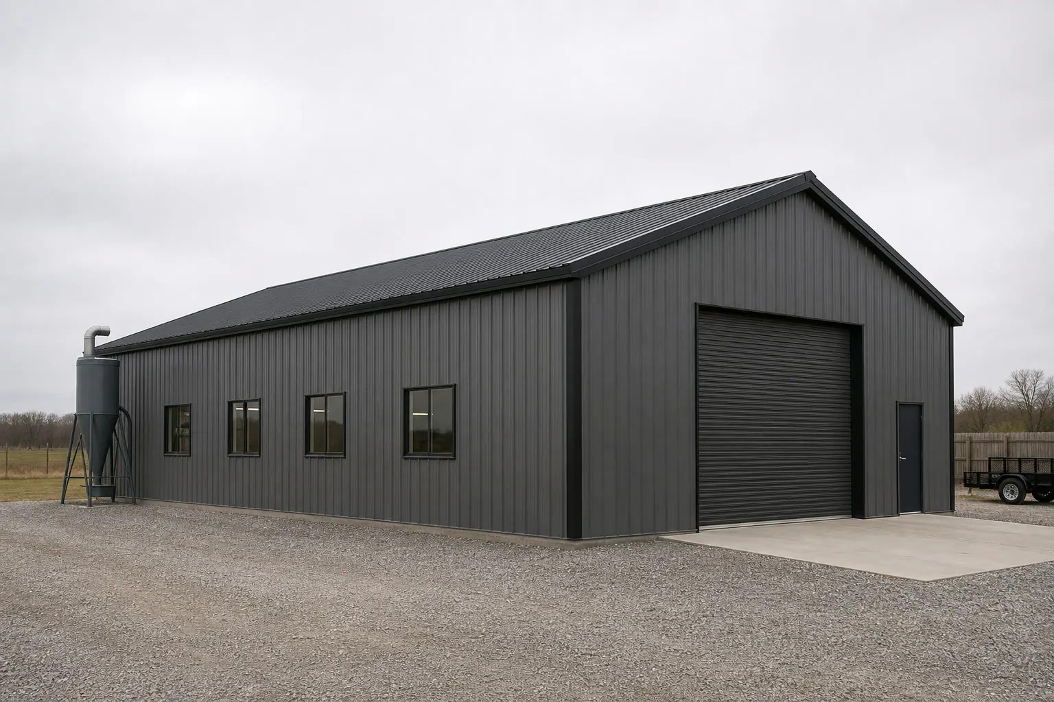 Concept visualization of a steel woodworking shop at a representative 35 by 45 foot size; not a real project.